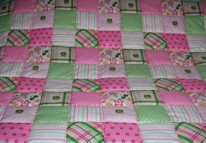Handmade Pink John Deere Print Throw Quilt (Personalized Embroidered Name FREE)