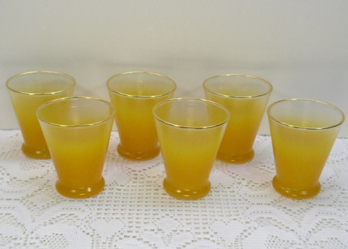 6 Orange Blendo Juice 4 oz Shot Glasses Gold Rim Bar Ware West Virginia