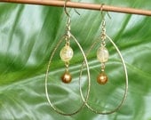 Golden Oval Hoop with long Citrine Stone and Pearl Bead Dangle