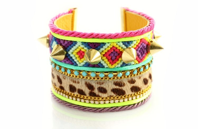 Made to Order /SS13 Hair-on Leopard Swarovski Spike Neon Friendship Bracelet Jewelry Ultra Wide Cuff,bohemian indian gypsy style,Ethnic boho