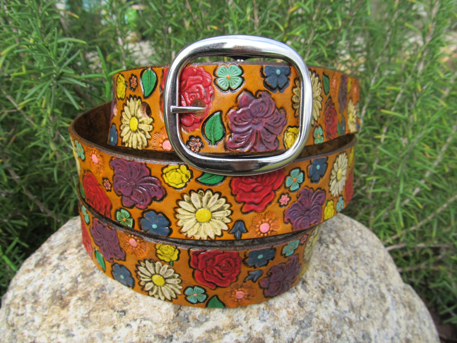 Hand Painted Tooled Leather Belt - 1.5 inch wide - Floral