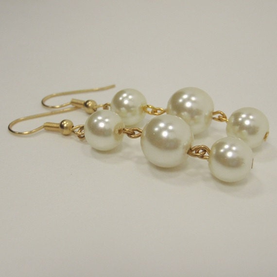 Glass Pearl Three Bead Dangle Drop Earrings - Wedding Bridal Bridesmaids Fashion Jewelry Gifts
