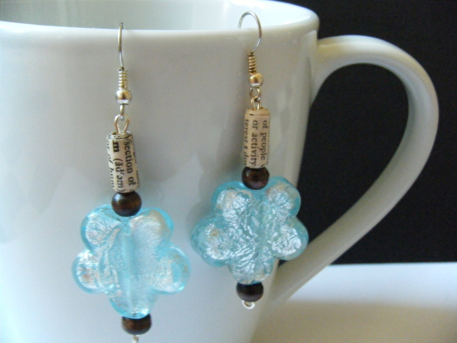 OOAK Recycled Material Paper Bead Turquoise Flower Wood Dangling Wire Hook Earrings Vintage Dictionary Words Upcycled Repurposed Jewelry