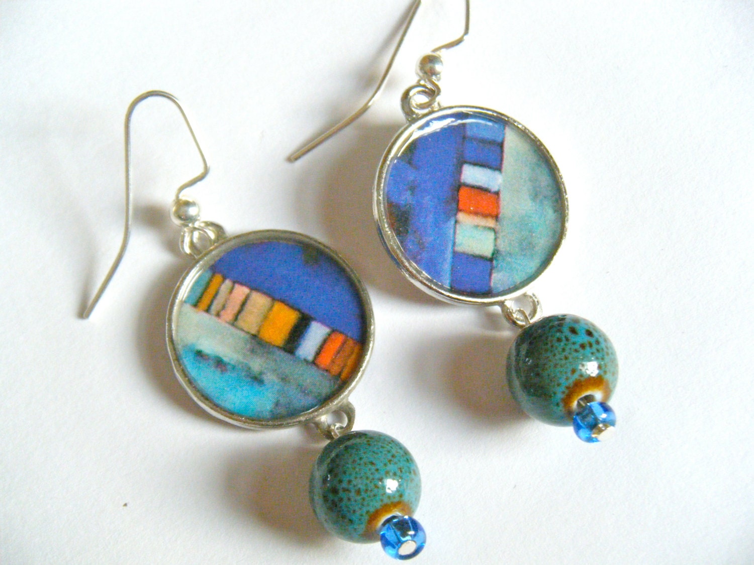 Blue Green Orange Abstract African Design Dangle Recycled Materials Paper Earrings Silver Beads Circle Jewelry Upcycled Magazine Image