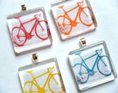 OOAK Red Yellow Orange Turquoise Bike Bicycle Cyclist Bicyclist Rider Recycled Material Glass Tile Pendant Upcycled Paper Necklace