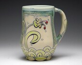 Tall Satin Blue 20 oz Mug with Floral Decoration in Blue, Green, Pink and Red