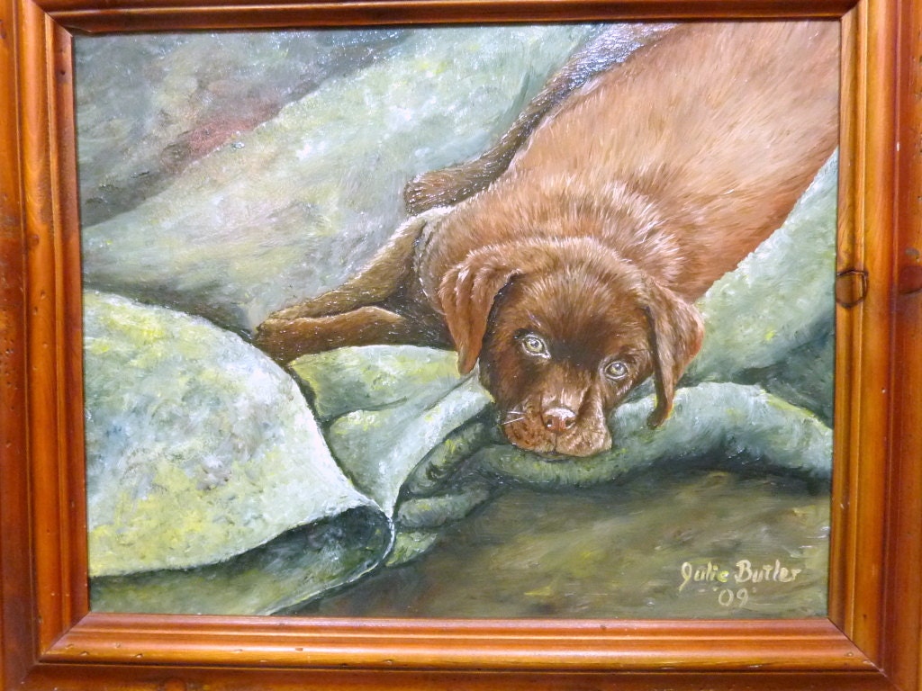 Original Oil painting - oil painting on Art Board - Chocolate Lab Puppy - Dog painting - original art 11x14