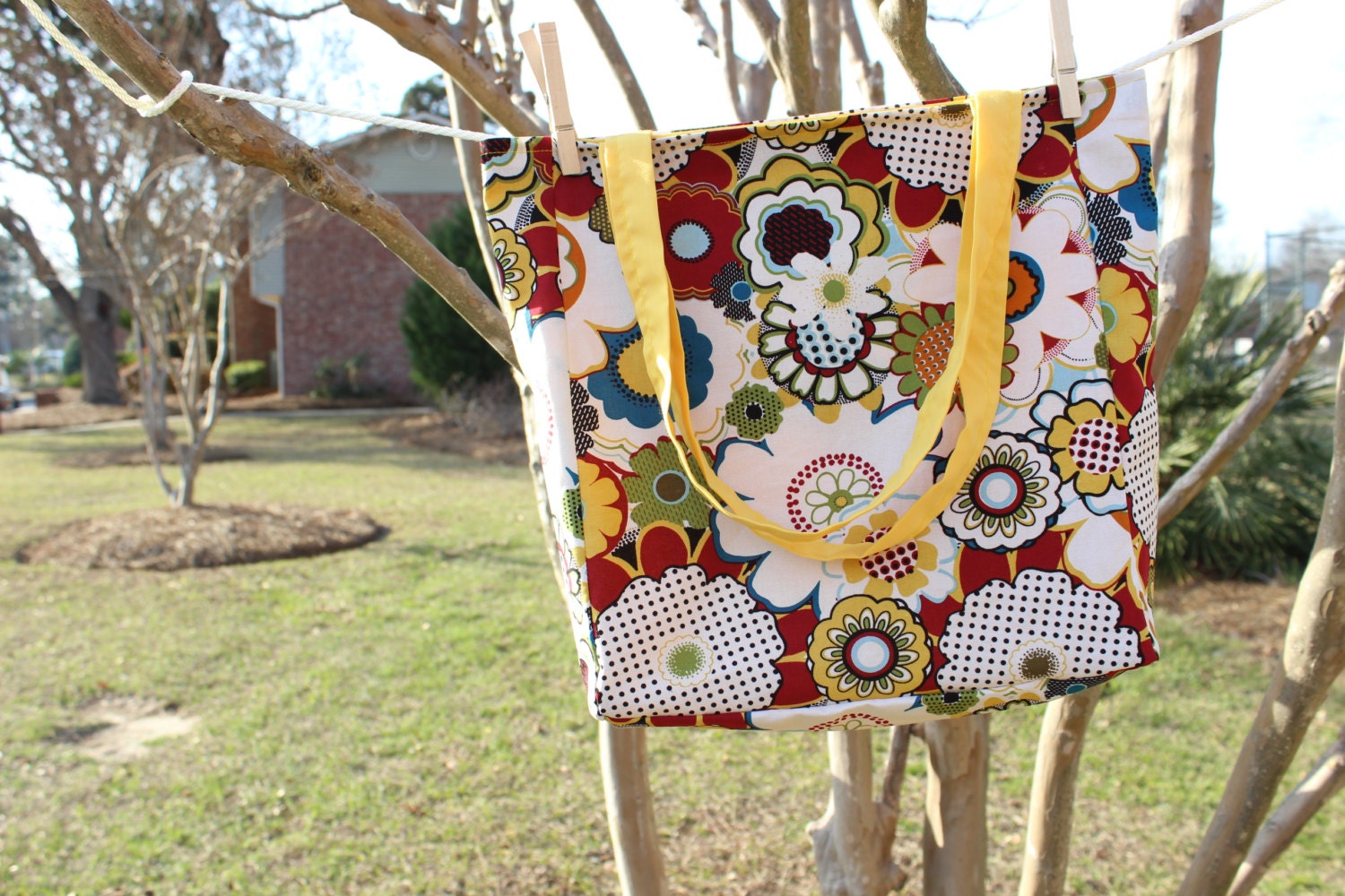 Reversible Tote Bag Pop Art Flowers - Solid Straps