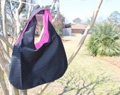 Reversible Shoulder Hobo Bag - Black and White Pinstripes with Pink Lining