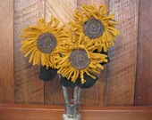 recycled wool scrap rug hooked primitive mini sunflowers on hickory sticks