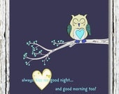 Boys Personalized Nursery Room Wall Art Print, Whimsical OWL in Tree, Always Kiss Me Goodnight, 8 x10, Choose colors, fonts