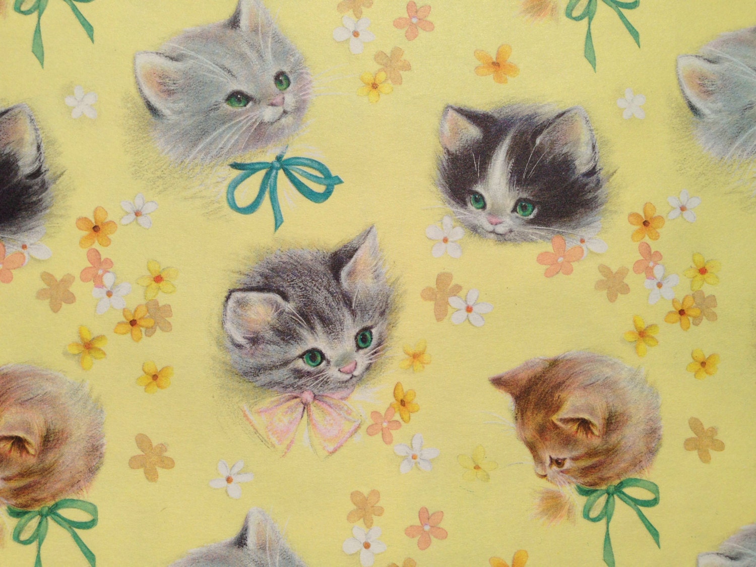 Vintage Gift Wrapping Paper - Kittens in Bows - Purr-fect Darlings by Hallmark - All Occasion- 1 Unused Partial Sheet Birthday Gift Wrap