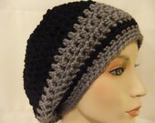 Handmade Hand Crocheted Unisex Woman Man Generous Slouchy Hat Accessory Hat in Black with Grey Trim