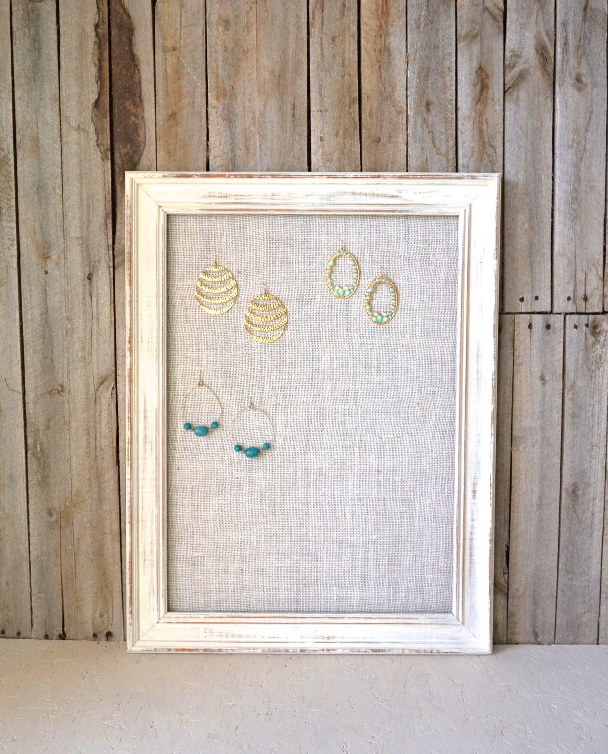 Extra Large White Wooden Shabby Chic Jewelry Organizer With Ivory Burlap