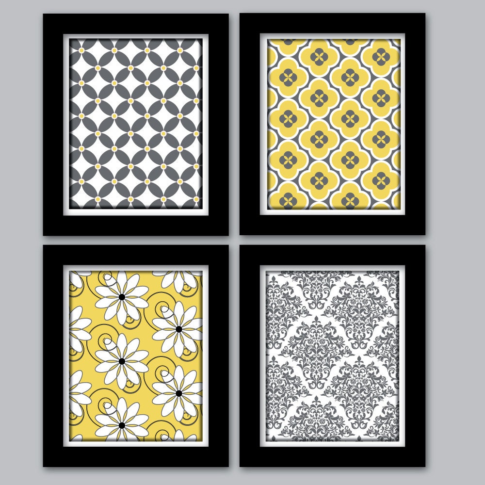 Yellow and Grey Home Decor Wall Art Set of (4) 8X10 Digital Prints Girls Bedroom Nursery Custom colors sizes available Living Dining Room