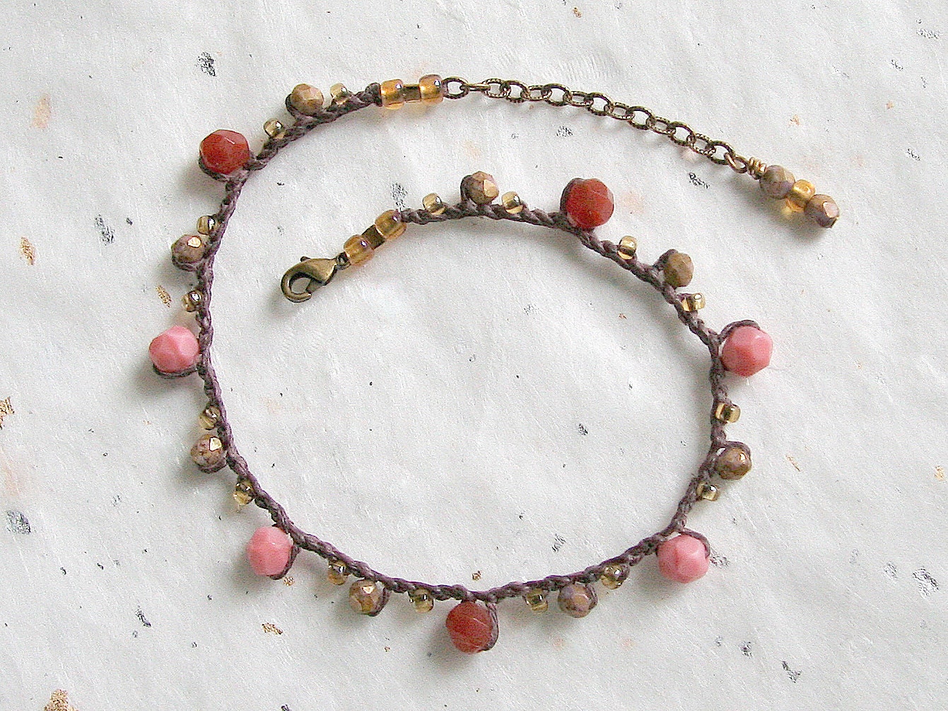 Pink Coral Carnelian, Bohemian Crochet Anklet, Handmade Boho Jewelry, Hippie Anklet, Summer Colors, Teen Anklet