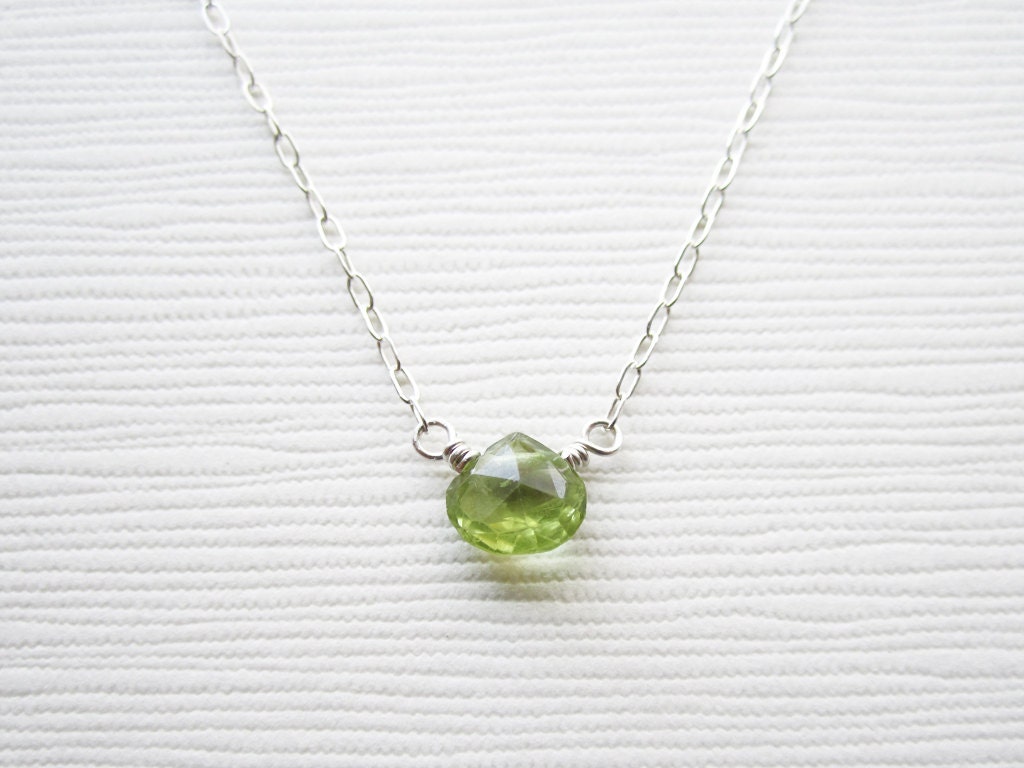 Tiny Peridot Heart Briolette Sterling Silver Necklace - Simple Gemstone Necklace - August Birthstone
