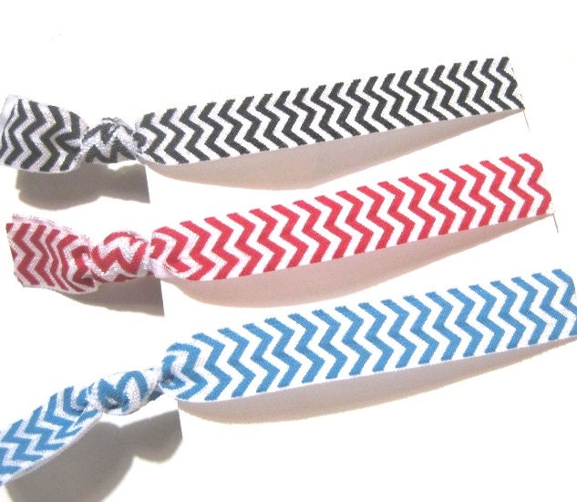 Set of 3 Elastic Hair Ties Bracelets- Black Red Blue Chevron- Yoga, No Tug, No Crease