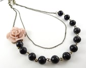 Floral Charm Stone Necklace - Pink Rose Asymmetrical Necklace - Wedding Prom Party Jewelry
