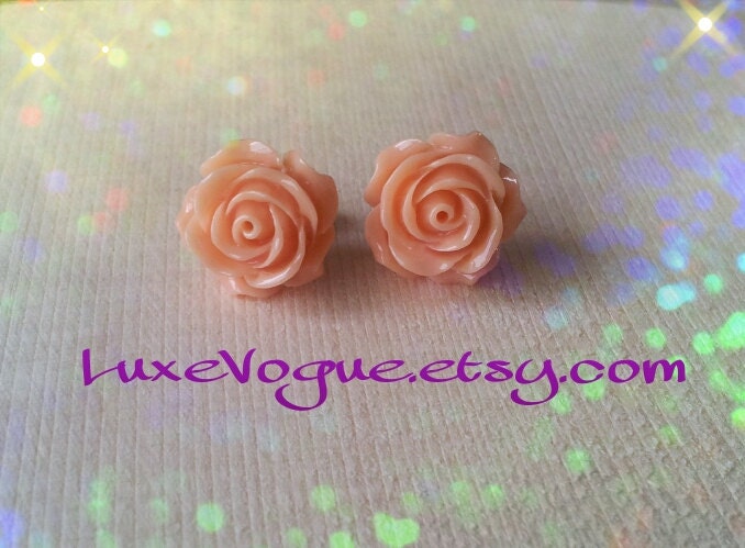Coral Rose Flower Stud Earrings on Stainless Steel Posts