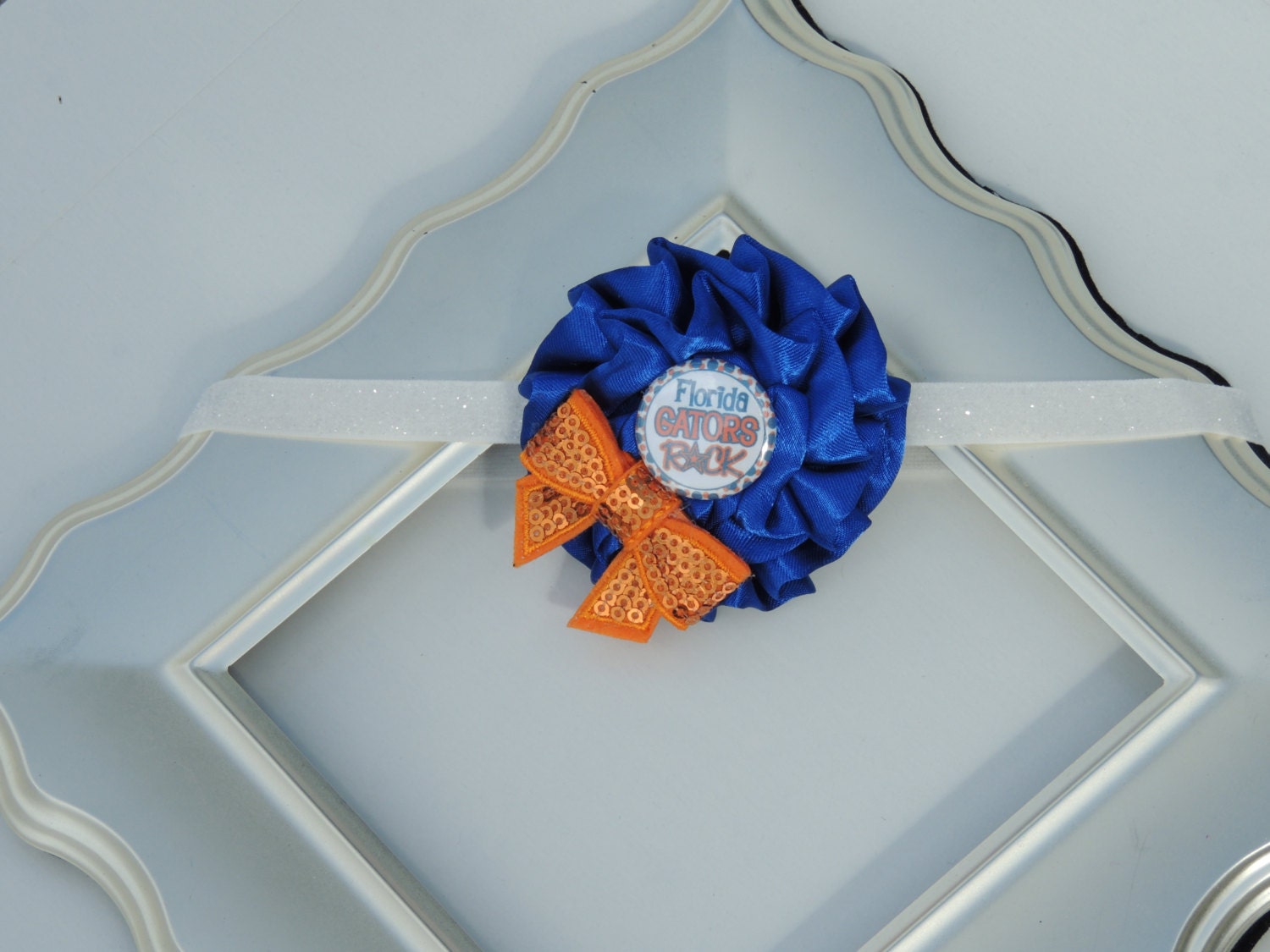 Florida Gators Rock-headband-blue rosette-orange sequin bow-3/8'' white glitter elastic-handmade-baby-toddler-girl-woman