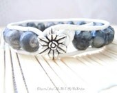 ITEM: 9-10mm Natural Freeform Dark Gray - Black Pebble Marble Stones White Leather Wrap Bracelet Handmade