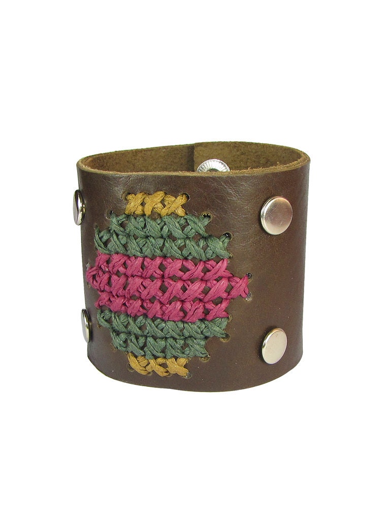 Cross-stitch Leather Cuff - Tribal Cuff - Dark Brown Leather Bracelet