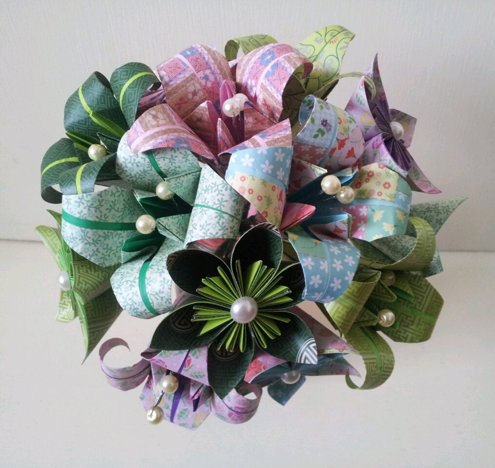 Paper Flower Bouquet Wedding / Anniversary / Valentine's Lilac Lime Pink Lily Daisy Home Decor
