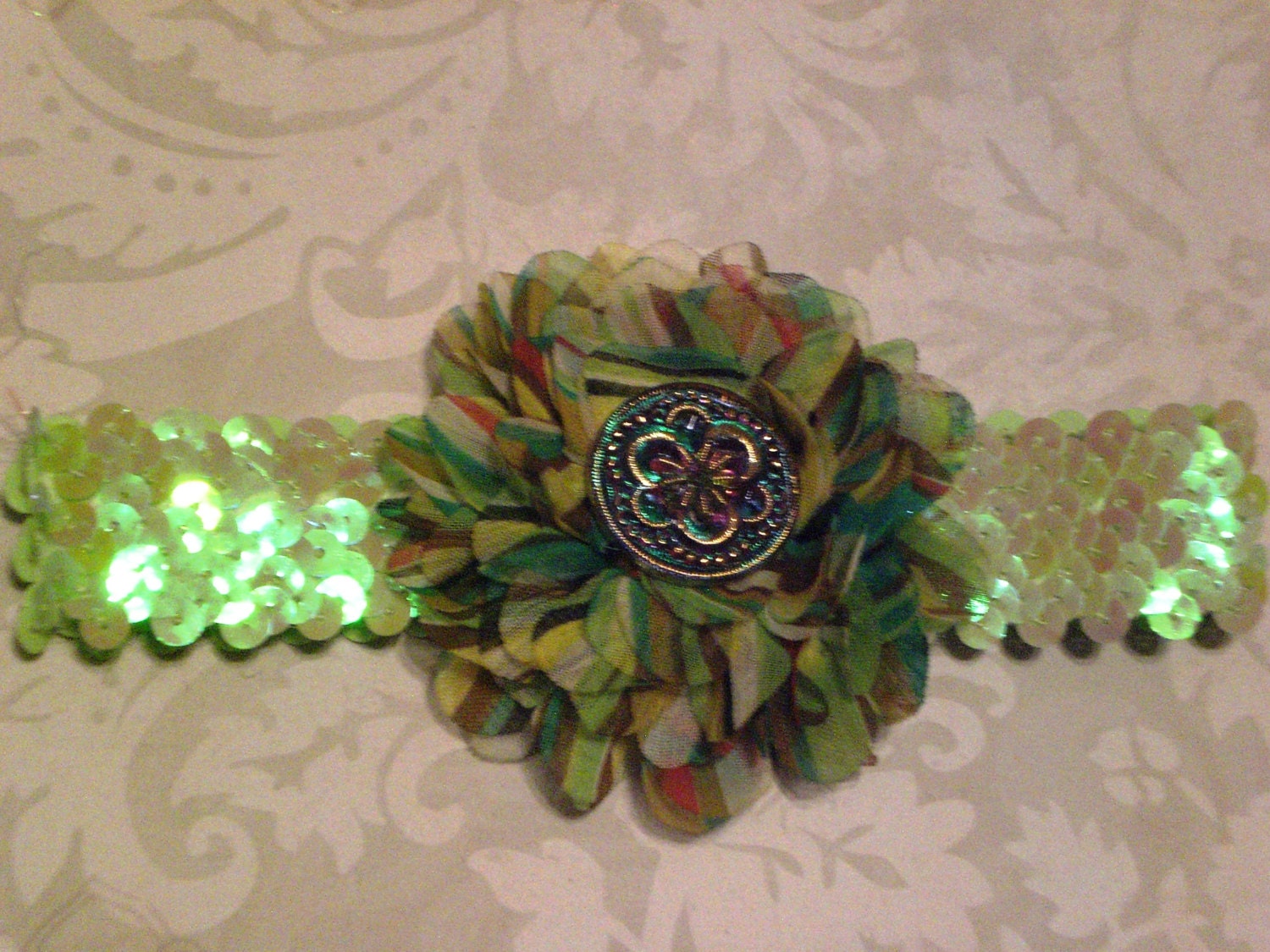 St. Patricks Day Headband for Baby Girls - Lime green sequins headband with clover button