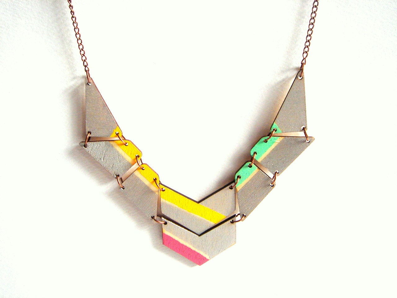 Silver & Neon Geometric Necklace, Wood Triangles Bib,Wood Tribal Necklace,Geometric Jewelry