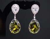 Wedding Bridal Jewelry Bridal Earrings Bridesmaid Earrings Dangle Earrings Cubic zirconia earrings with Olive Green Tear Drop Earrings