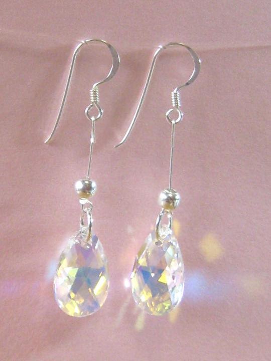 New Swarovski Teardrop Clear AB Crystal Beads 925 Sterling Silver Dangle Earrings Jewelry