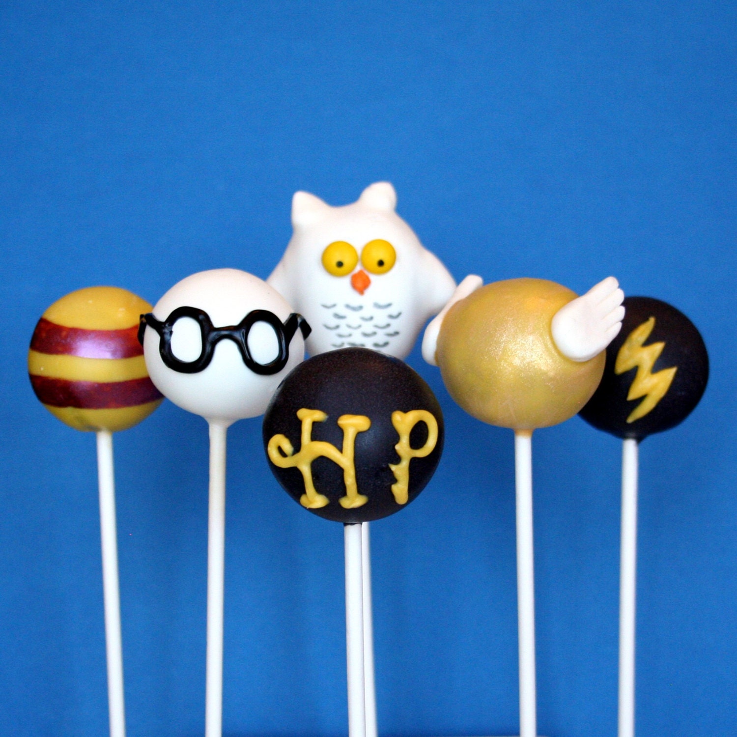 12 Harry Potter Cake Pops with Golden Snitch and Hedwig the Owl, for party favors, movie night, or gift for a J.K. Rowling fan