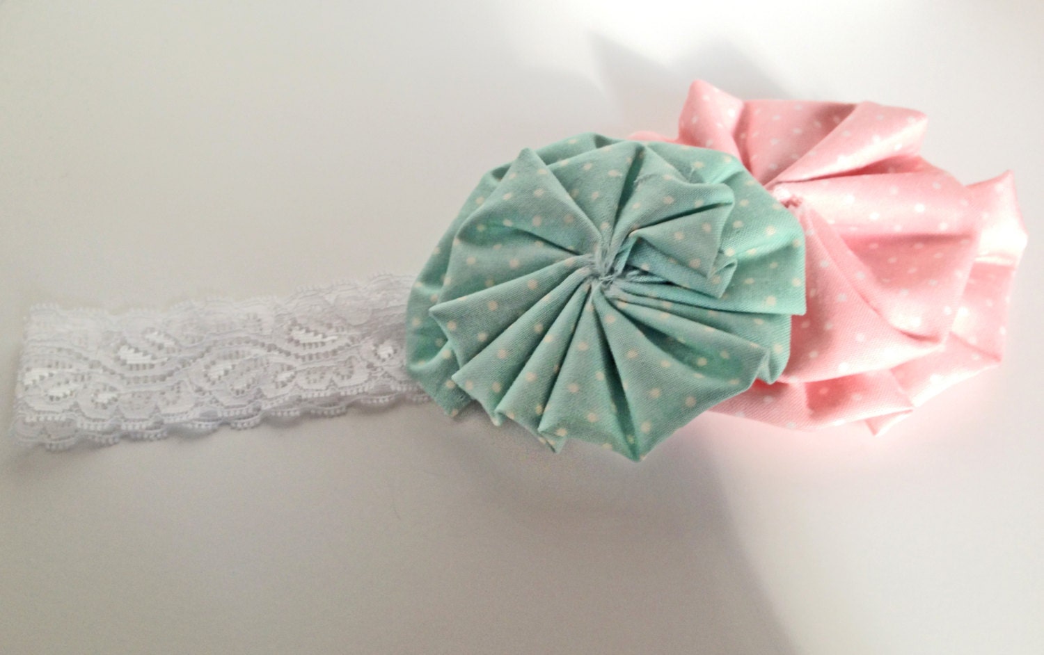 Polka Dot Fabric Flower Headband  - Pink and Mint Green Ruffled Flowers on White Lace Headband
