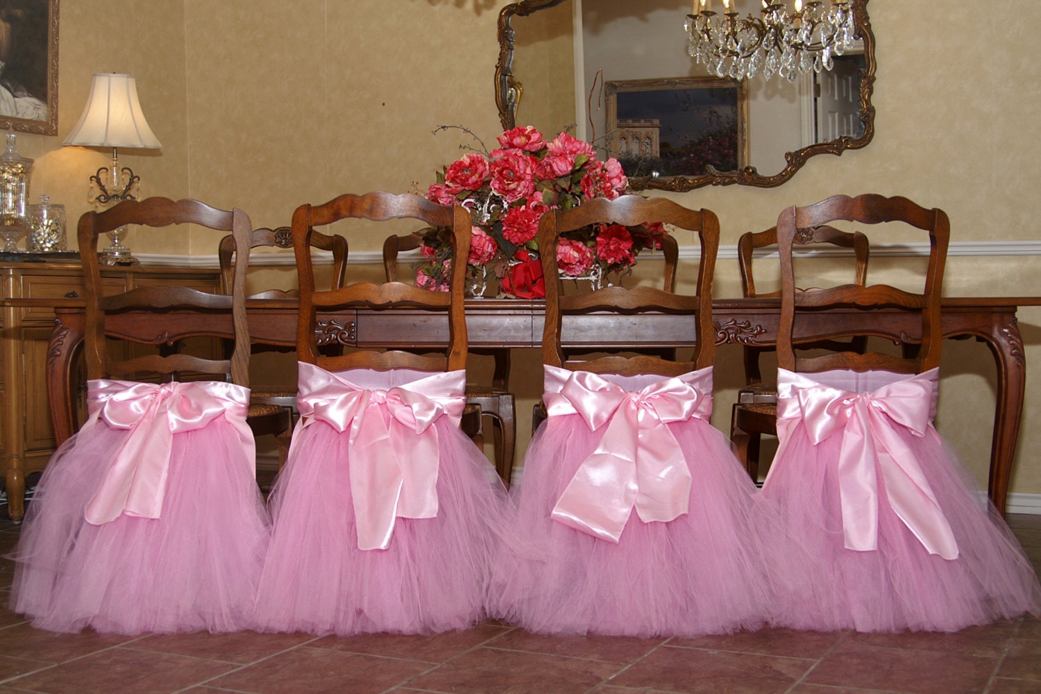 Handcrafted chair tutus for your princess's birthday party table, perfect for holiday parties and special dinners