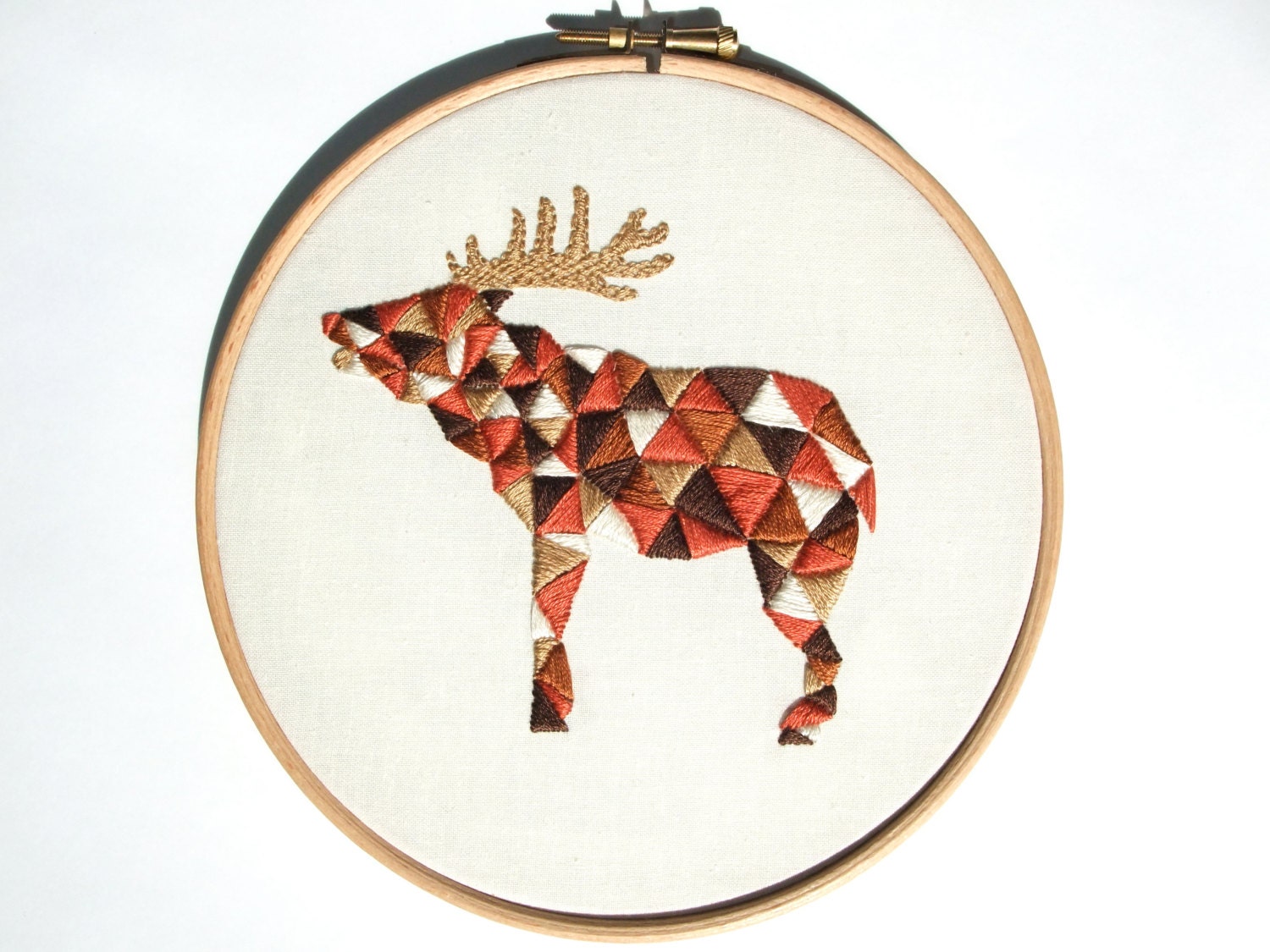 Geometric Embroidery Design PDF Pattern "Geo Stag" - Deer Hart Hoop Art - Instant Download - Rust Red Brown Beige Ecru