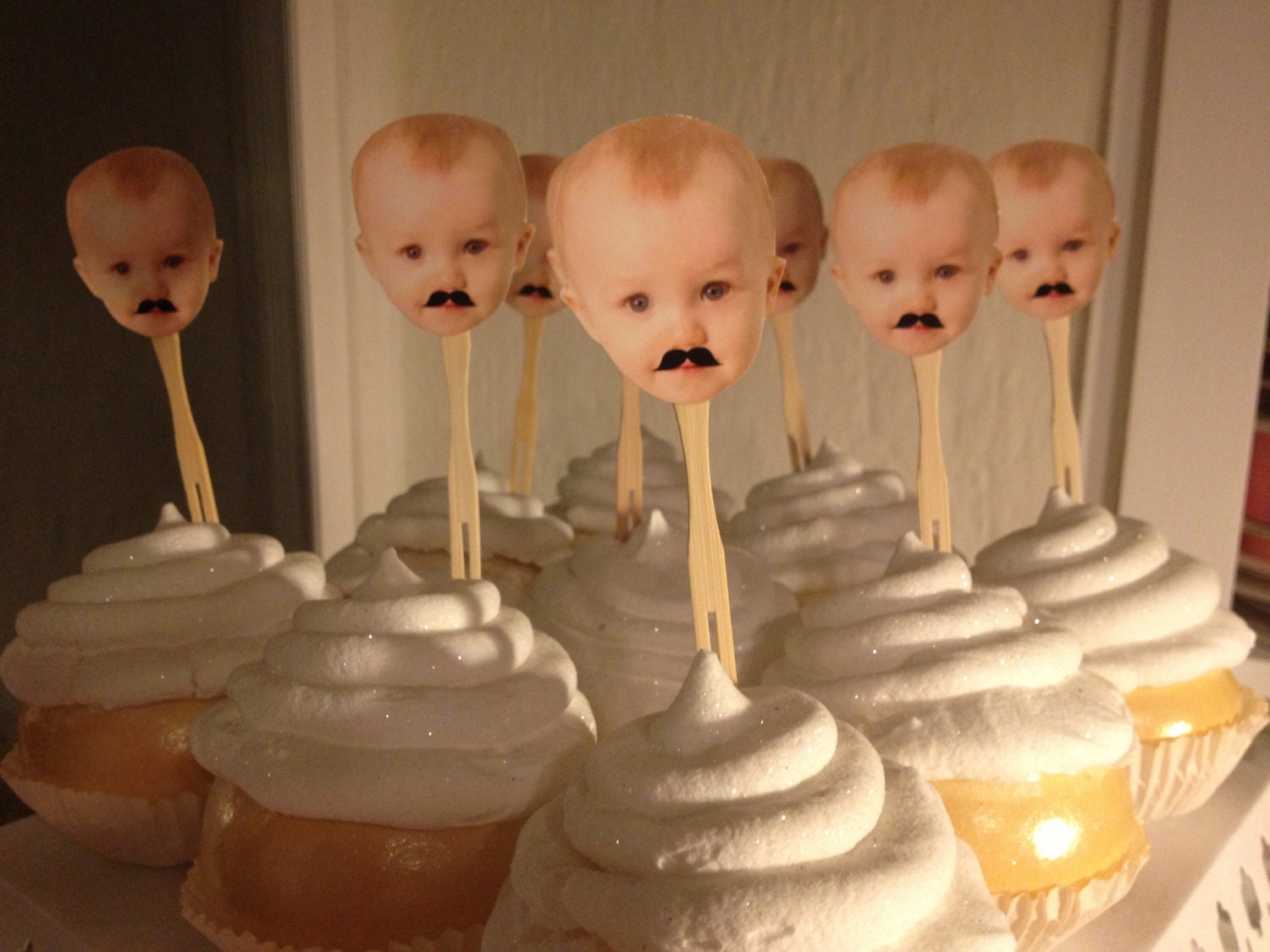 Mr. Man mustache Birthday Photo cupcake toppers. set of 12