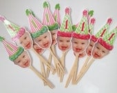 Pink and green Circus birthday hat photo cupcake toppers with borders