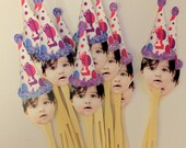 Pink and purple Circus birthday hat photo cupcake toppers .