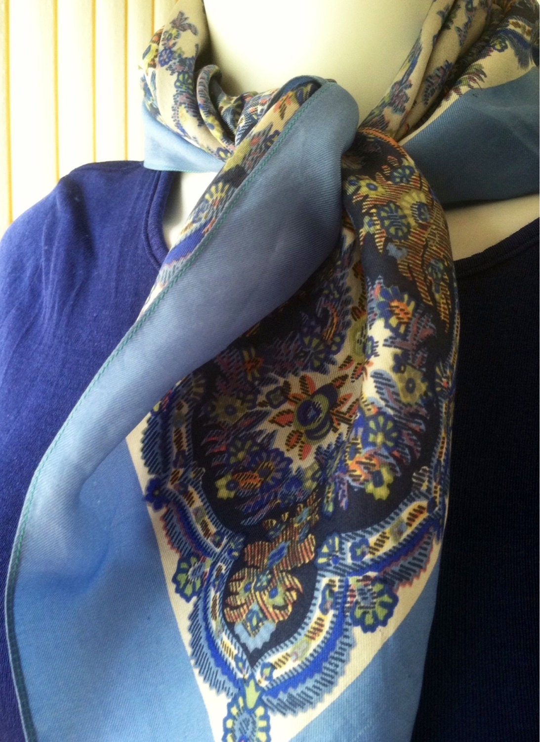 Vintage 1960s Liberty of London multicolor Art Deco style floral print silk scarf with light blue border