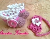 Crochet Baby Booties  Shoes and Headband made in pink and white with crochet  flower detail