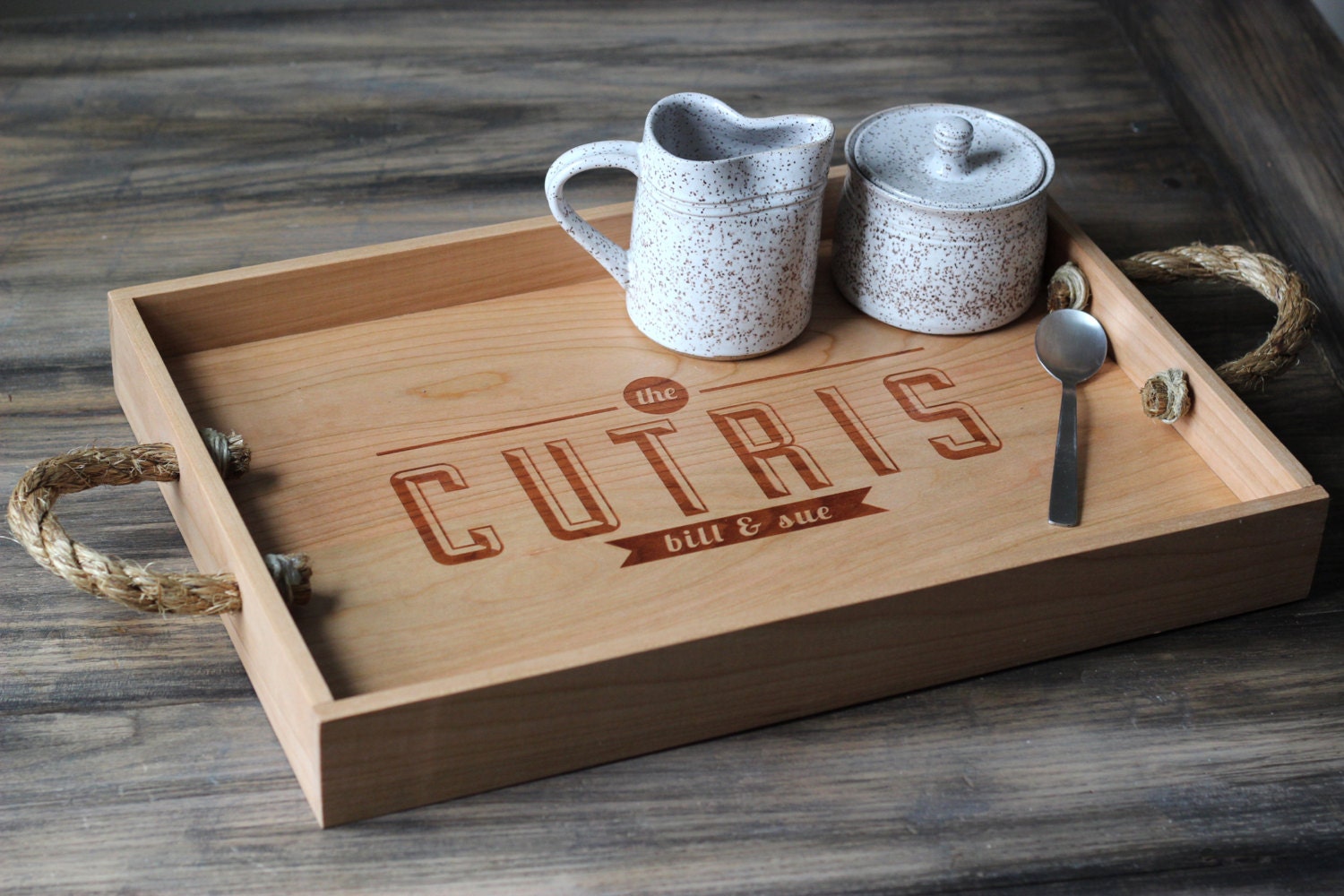 Custom Personalized Wooden Serving Tray - Engraved Name and Rustic Rope Handles