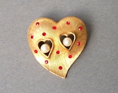 Vintage JJ Heart Pin Red Rhinestones and Imitation Pearls Double Heart Gold Tone Double Heart Signed Jewelry
