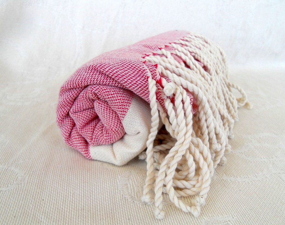 Turkish Towel, Peshtemal, Natural Soft Cotton, Bath Towel, Beach Towel, Red, Long Fringes