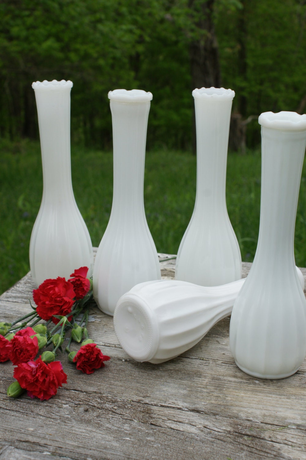 Vintage Milk Glass Group Bud Vases Vertical Ribbed collection Wedding Shower Bridal Parties Cottage Chic Home Garden Decor