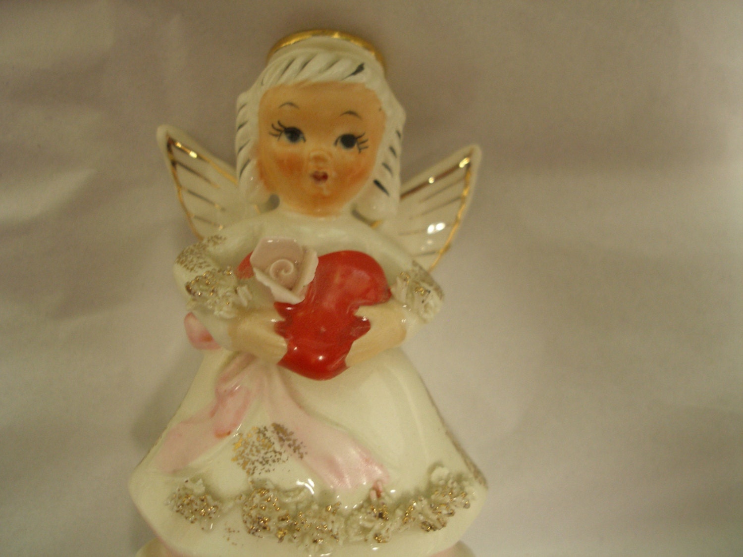 NAPCO Japan February Birthday VALENTINE ANGEL Figurine with Heart and Pink Rose and Spaghetti Decoration Vintage