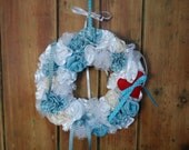 Valentines Handmade Wreath - Wall Hanging. With Individually made flowers, ribbons and 1 Red Felt Heart. In blues, cream & white, Cute :)
