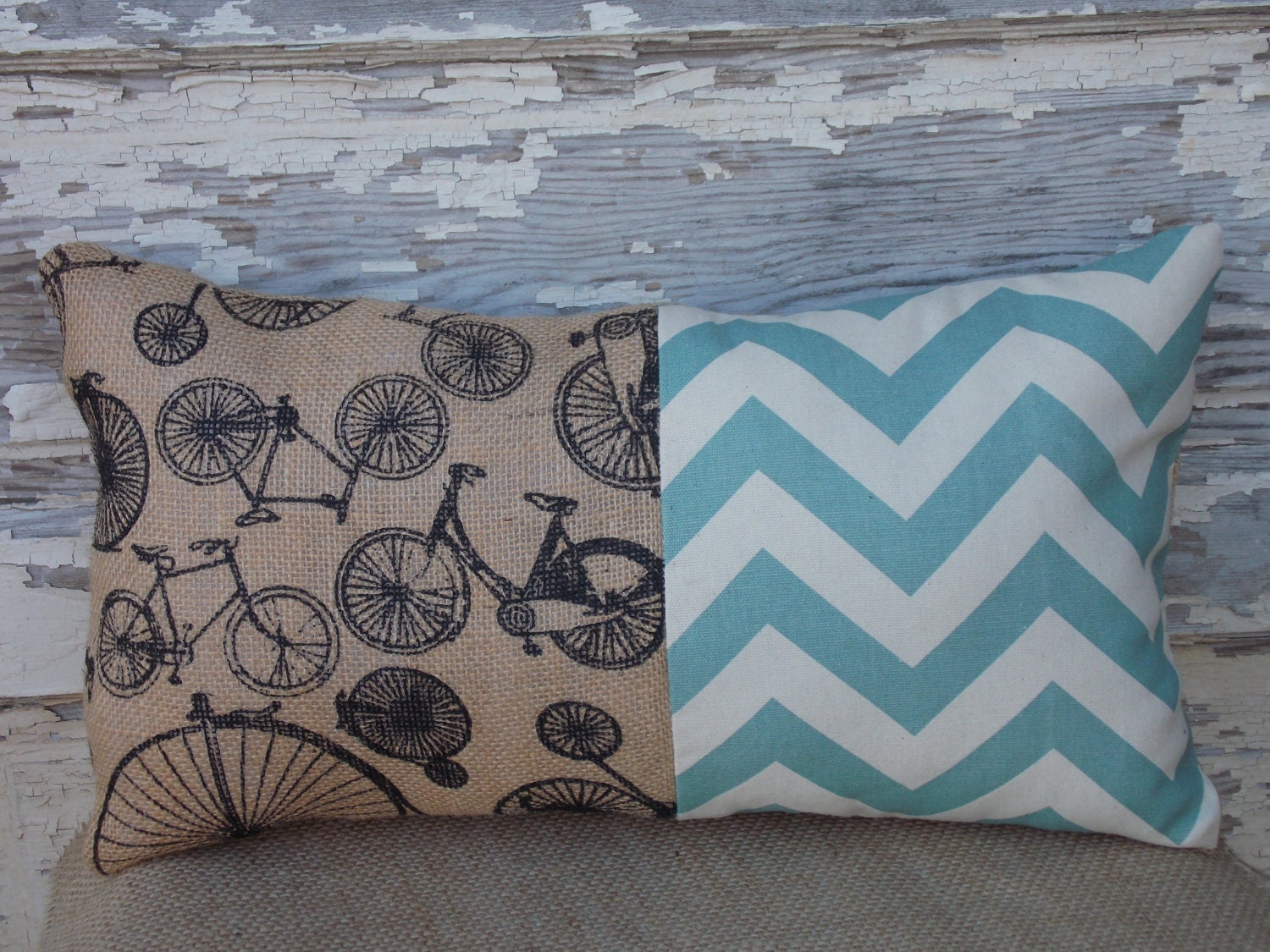 Burlap and Duck Cloth Chevron Pillow Bicycle Burlap Print Throw Pillow Duck Cloth Turquoise Chevron Pillow Shabby Chic Country Cottage Decor
