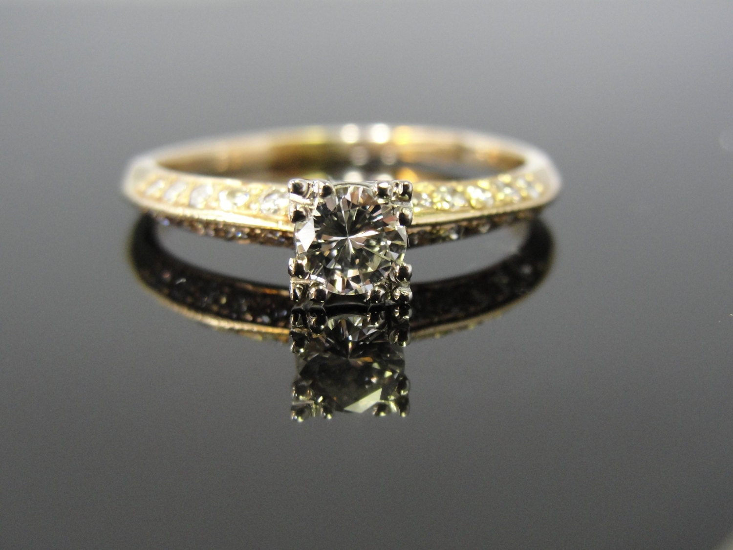 Reserved - Second Payment - 1940s Illusion Head Two Tone Round Brilliant Pave Set Diamonds Engagement Ring RGDI2025