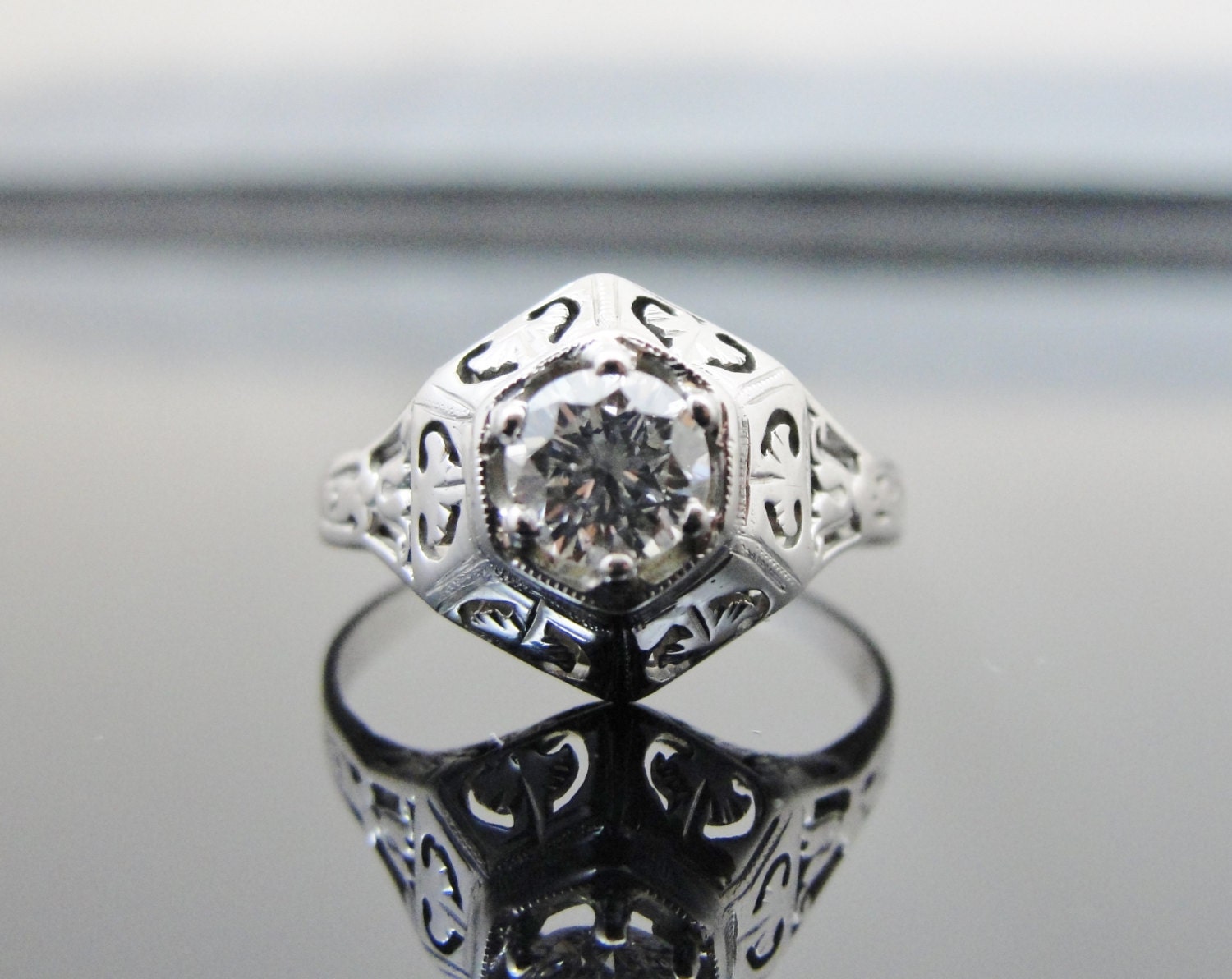 Unusual 6 sided Art Nouveau Engagement Ring, 18k White Gold with .42ct Diamond RGDIA720D